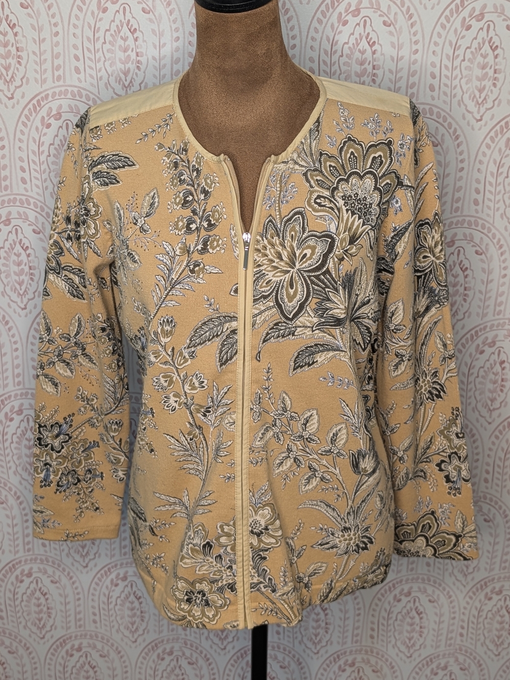 Liz Claiborne Tan Floral Zip-Front Blazer Jacket